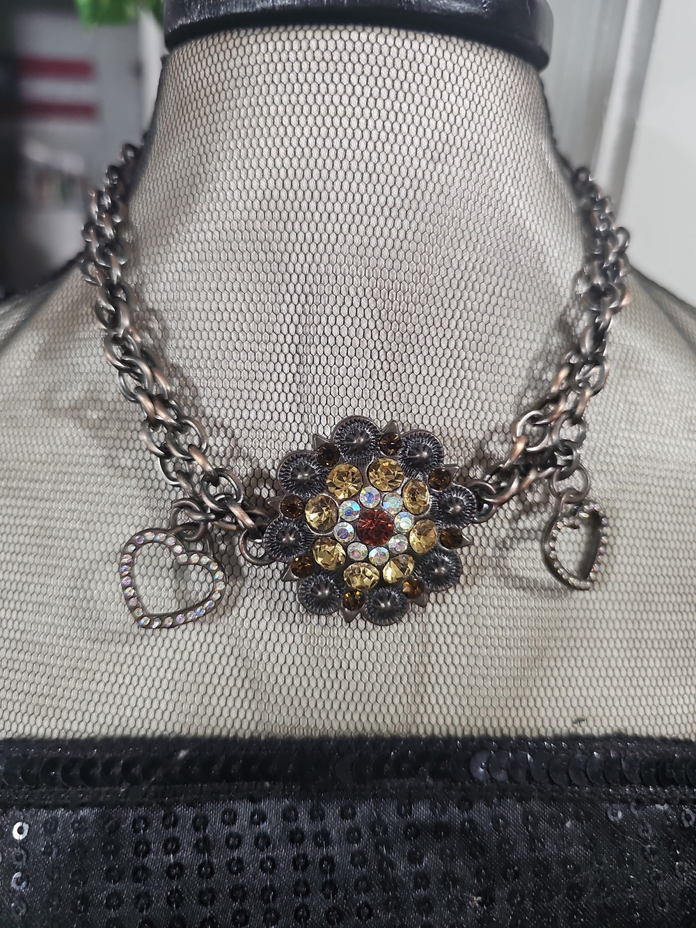 Crystal Floral Pendant Chain Necklace with Heart Charms - Gun Mental and Copper